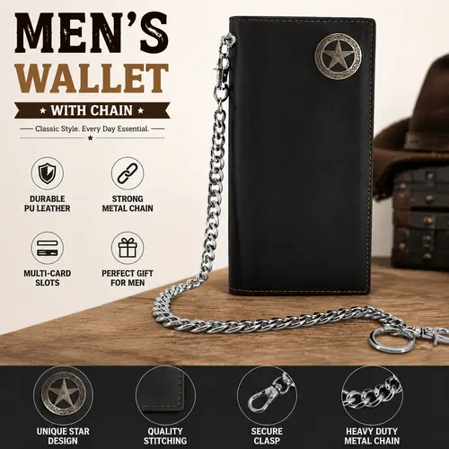 Janhooya Men's RFID Blocking Durable Bifold Cowboy Wallet with Metal Chain - Western Biker Leather, Claw Hook, 3 Cash Holders, 11 Card Holder Slots - Men's Accessories, Father's Day Gift Box, Rfid Blocking Bifold