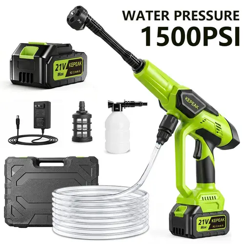 【ToolUpgrade】KEPEAK 1500PSI Cordless Power Washer Jet, 2×21V Dual Power, 5L Capacity, 0.5A Charger, 1300mAh Batteries, 200w, 3.7kg, Ergo Grip, 16-20 Min Run, 6-in-1 Adjustable Nozzle, Portable Handheld for Car/Garden Cleaning, Gift Idea