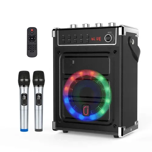 JYX 69BT Portable Karaoke Machine with 2 Wireless Microphones, Bluetooth Stereo Audio Speakers, Android & Mobile Device Compatibility, Streaming Support, Auxiliary Input, USB Type-A, Built-in Lights, Card Support