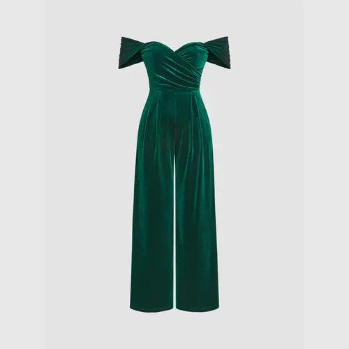 Cider [3 colors, Size 2-26] Velvet Off-shoulder Solid Ruched Jumpsuit