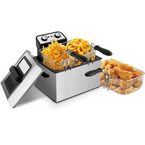 SUSTEAS Chrome Electric Deep Fryer with 3 Nonstick Baskets, 4.8 QT Oil Capacity, Cool Touch Sides, 1800W Immersed Heating Element, Adjustable Temperature (265°F to 375°F) with Absolute Control, Easy to Clean Fryer Fries Maker for Home Use