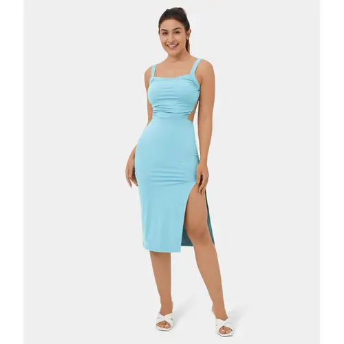 Halara Women's Sleeveless Ruched Backless Crisscross Lace-Up Split Bodycon Midi Sports Dress - Elegant Ruched Design, Elastic Fabric, Sexy, Casual Wear, Comfortable Elastane Summer Prom Wear