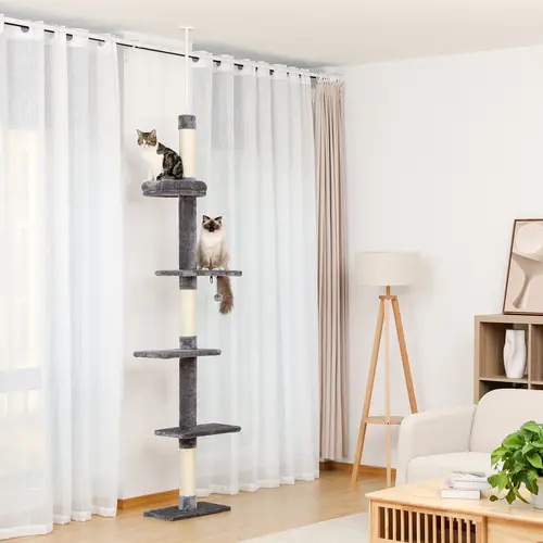 PAWZ Road Freestanding Tall 5-Tier Floor-to-Ceiling Adjustable Sisal Cat Climbing Tree (95-107 in), Cozy Bed, Scratching Post, Interactive Ball Toy for Small Indoor Kitty Under 11 lbs (Anti-Fall Strips Recommended for Stability)