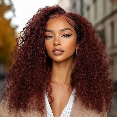 UNICE Unisex Reddish Brown Afro Kinky Curly Jerry Curly Human Hair Lace Front Wig - 7x5 Pre-Cut, Glueless, 180% Density, Pre-Bleached Invisible Knots, Natural Hairline, Heat Resistant, Easy Install, 22.5in Medium for Beginners, Kinky Curly Hair