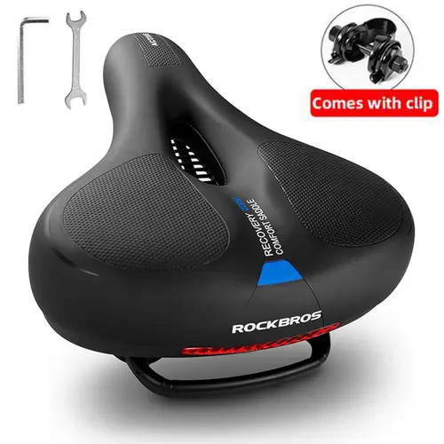 ROCKBROS Unisex Standard Fit PU Leather Soft Wide Cycling Saddle Seat - Dual Shock-Absorbing, Reflective Strips - Road Bike, BMX, Almost Standard Bike Accessories for Adults, Children
