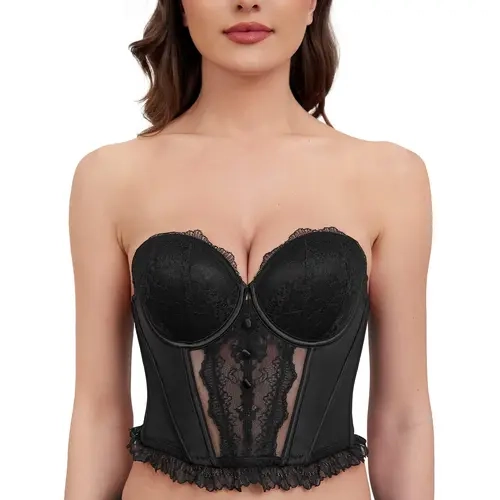 Wingslove Fashion Women's Strapless Bra Longline Lace Bustier Corset Push Up Boned Underwire Sexy Sheer Mesh Lace Trim Low Back Bra