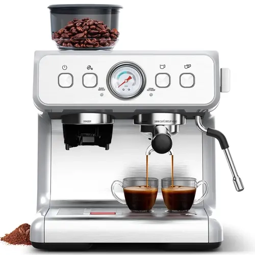 COWSAR 15-Bar High Pressure Portable Espresso Machine with PID Temp Ctrl, 1350W Double Shot Capacity, 58mm Extraction System, Buttons, Barista Grinder, Milk Frother, for Home, Birthdays, Single-Double Cup Use, Espresso Tools
