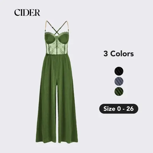 Cider [3 colors, size 0-26] Lace Corset Chain Cross Wide Leg Jumpsuit