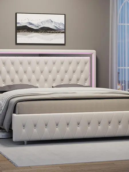 [Summerwins] AMERLIFE Modern Bed Frame with RGB LED Lights, Adjustable Headboard Velvet Button Tufted/Acrylic Mirror Accents/Smart APP&Remote Control/No Box Spring Needed/Furniture Room/Full/Queen Size/Best Gift Ideas/Christmas Gifts