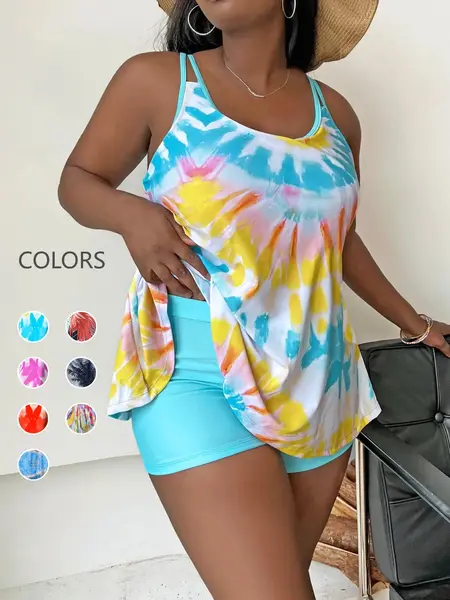 【Plus Size】 Tie Dye Print Cami Top & Shorts Summer Flowy Tankinis Set, Tankini With Shorts, Summer Clothes, Casual Sleeveless Spaghetti Strap Top & Shorts, Women's Plus Size Swimsuit