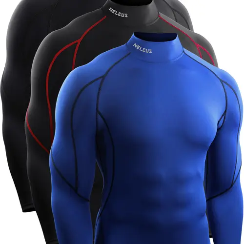 NELEUS Men's 3-Pack Fitted Athletic Compression Shirts - Polyester Quick-Dry Breathable Athletic Fitness Clothes, Gym Workout Apparel for Running, Yoga, Cycle