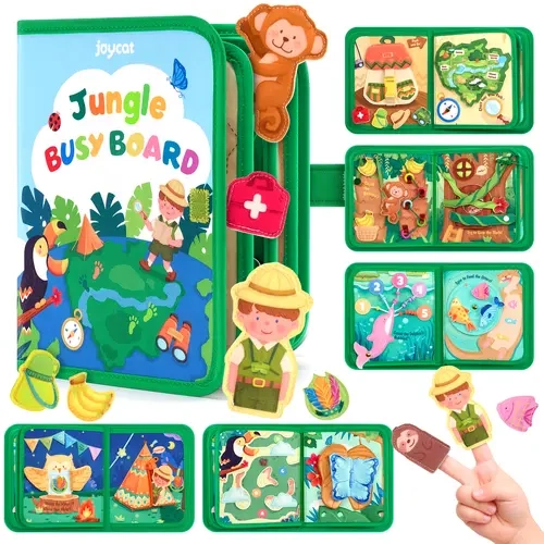 JoyCat Jungle Developmental Activity Board - Preschool Learning Tool for Toddlers 2-4, Portable Cloth Busy Board with 25 Adventure Activities, Farm Animal Themes, Buckles, Matching, Velcro Play for Fine Motor Skills, Problem-Solving Travel Practice, Gift