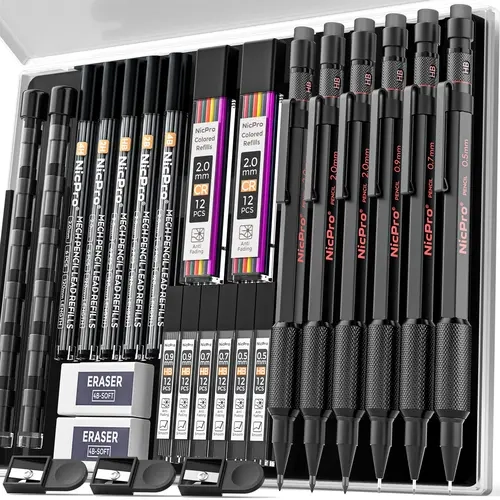 Nicpro 6-Pack ABS+Metal Mechanical Artist Pencils Set - Boxed with Case, 0.5mm/0.7mm/0.9mm/2mm Graphite, 13 Colored Lead Refills (4B/2B/HB/2H/4H), Weatherproof Barrel, Office/Outdoor Drawing Supplies for Engineer, Back-to-School Thin Pencils Gift Set