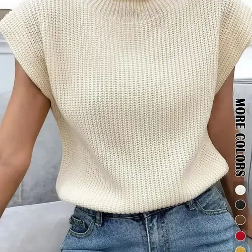 Women's Plain Basic Soft Roll Trim Mock Neck Sweater Vest, Casual Solid Sleeveless Knit Top for Spring & Fall, Women's Knitwear for Daily Wear