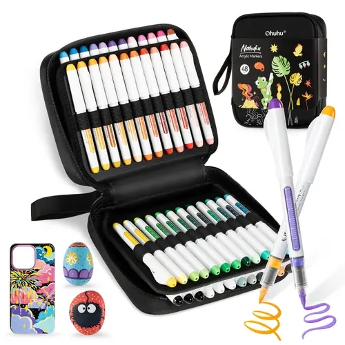 【Back to school shopping】Ohuhu Acrylic Paint Markers: Brush Tip - 48-Pack - High Opacity, No Bleed Direct-Ink, Waterproof Crafting Supplies for Rock, Wood, Glass - Art Materials, Art Painting, DIY Tools - Nahuku Series of Ohuhu