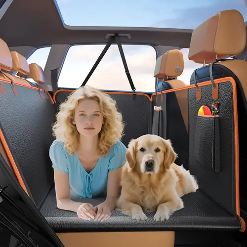 MIXJOY Dog Car Back Seat Extender & Seat Cover, Hard-Bottom 4-Layer Leakproof Defense Fabric Pet Bed for Cars, SUVs, Trucks, 40% More Space, 52"w × 24.8"l, Supports Up to 400lbs