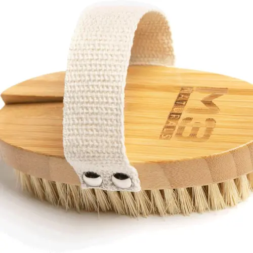 M3 Naturals Bamboo Firm Dry & Shower Exfoliating Body Brush - Handheld Back & Thighs & Abdomen Scrubber with Antislip Strap, Dead Skin Remover, Lymph Drainage Aid for Daily Use (Men & Women)