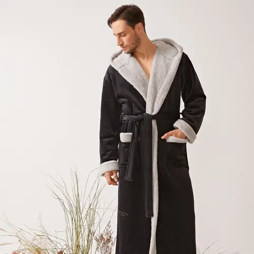 DAVID ARCHY Menswear Long-Sleeve Coral Robe - Full-Length Satin Fleece Plush, Smooth Soft Plain Wrap Bathrobe with Pockets, Comfortable Men's Sleepwear & Loungewear