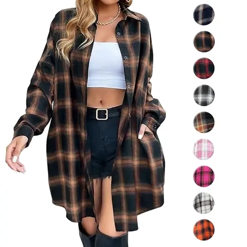 Blooming Jelly Women's Button-Down Plaid Flannel Shacket - Long-Sleeve Collared Long Coat, Soft Fabric Tops#TikTokShopFallDealsForYou