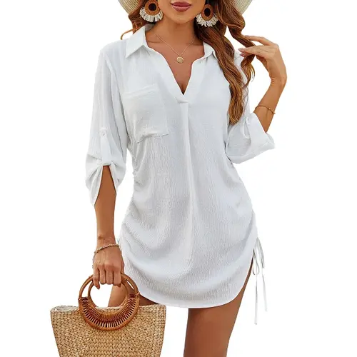 Blooming Jelly Womens Bathing Suit Cover Ups Bikini Swimsuit Coverup Drawstring Beach Dress Shirt White wendy dress yellow dress#TikTokShopFallDealsForYou