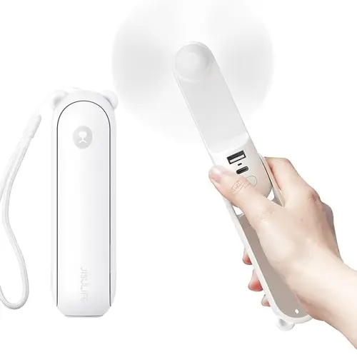 JISULIFE Multifunctional Cooling Rechargeable Battery Fan - 4500mAh Built-in Powerbank, 46H Max Runtime, USB-C Powered with Charging Cable, 3 Speeds, 6.4oz Compact Folding Portable Pocket Fan, Flashlight, Unique Cool Gifts for Adults