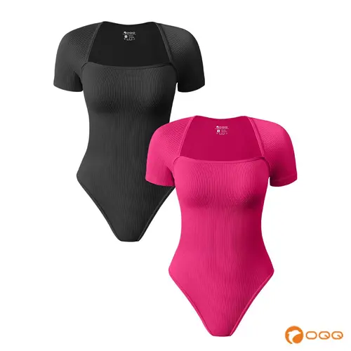 OQQ Women's 2-Piece Ribbed Knit Bodysuits - Square Neck, Short-Sleeve, Slim-Fitting, Seamless Spandex Tops with Straps, Snap Closure, Ideal for Everyday Wear or Party Pairing with Jeans/Skirts
