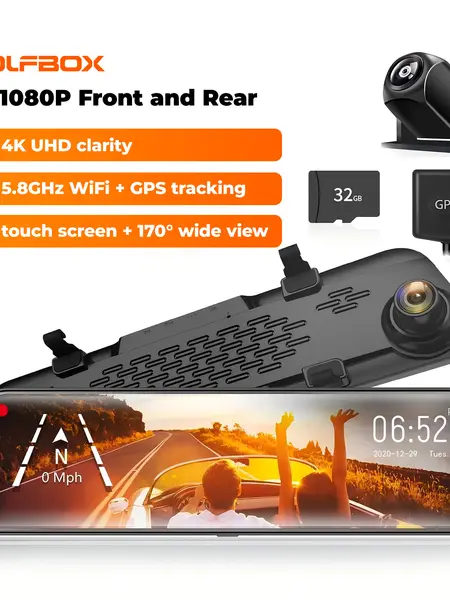 【Deals For You】 WOLFBOX G840S 12" Smart Rearview Mirror for Cars & Trucks,Backup Camera,4K DashCam with 5.8GHz WiFi,Front and Rear View Dual Cameras, Night Vision, Parking Assistance, Included 32GB Card & GPS