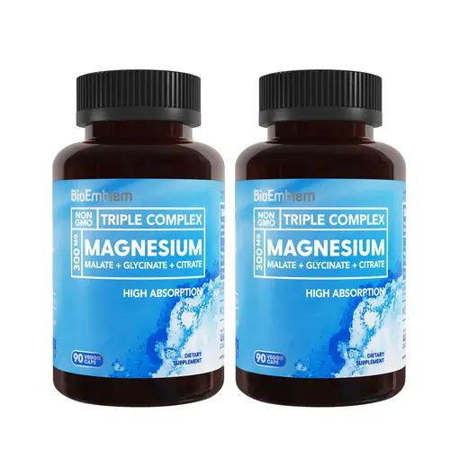BioEmblem Edible Triple Magnesium Complex Capsule Dietary Nutrition Supplement - 300mg Glycinate, Malate, Citrate, Fitness Support for Muscles, Nerves, Energy, Blood Pressure Control for Adults - Vegan, GMO-Free, 180 Count