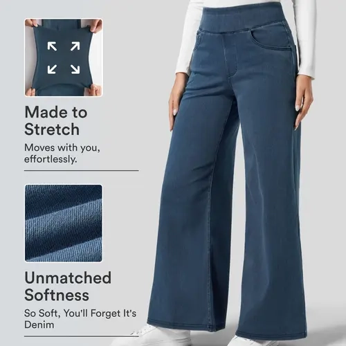 Halara Magic High Waisted Multiple Pockets Wide Leg Loose Stretchy Knit Work Jeans