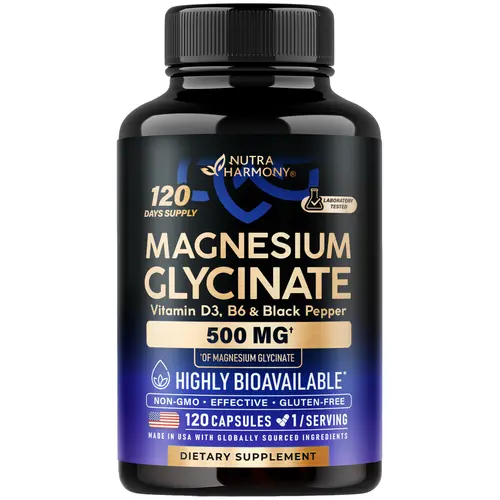 NUTRA HARMONY Magnesium Glycinate 500 mg with Vitamin D3, B6 & Black Pepper Capsules