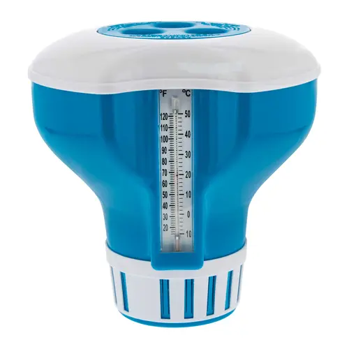 Large Pool Floating Chlorine Chemical Dispenser with 120° F Thermometer, 7" Diameter, Holds 3" Tablets, Adjustable Chemical Delivery