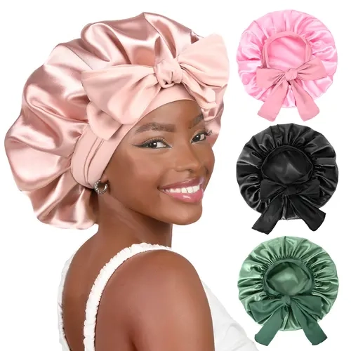 YANIBEST Women's Double Layer Satin Sleeping Bonnet, Adjustable Elastic Spandex Band with Tie Closure, Overnight Curl Protection Haircare Hair Accessory, Hair Accessories