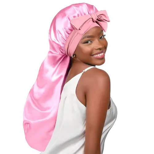 YANIBEST Women's Silk Bonnet Hat - Pink Satin Hair Wrap with Tie Band, Decorative Sleep Bonnet Hats for Long Hair Adults, Heatless Haircare Fashion Accessory Gift