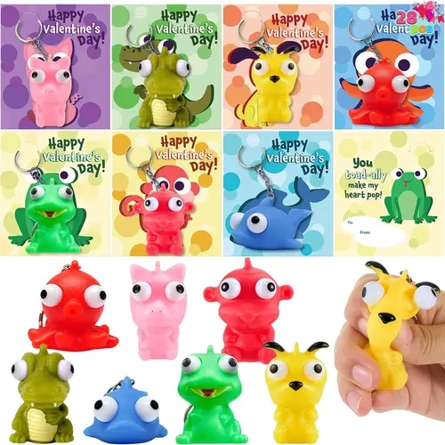 28Pcs Animal / Sea Animal Keychains featuring Popping Eyes with Kids Valentines Cards 2025 Valentine Exchange Cards