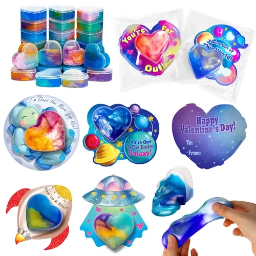 JOYIN 30 PCS Valentine Day Gift Cards with Galaxy Slime Stress Relief Fidget Toys for Kids Classroom Exchange Prizes, Valentines Party Favor