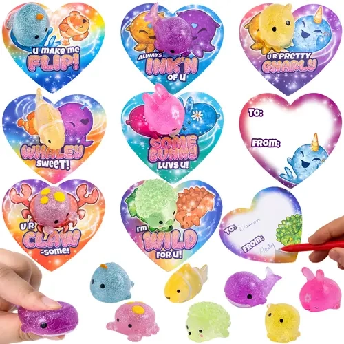 28 Pack Glitter Mochi squishy Toys with Kids Valentines Cards for Classroom Exchange 2025 Valentine Exchange Cards &28Pcs Mochi Filled Heart