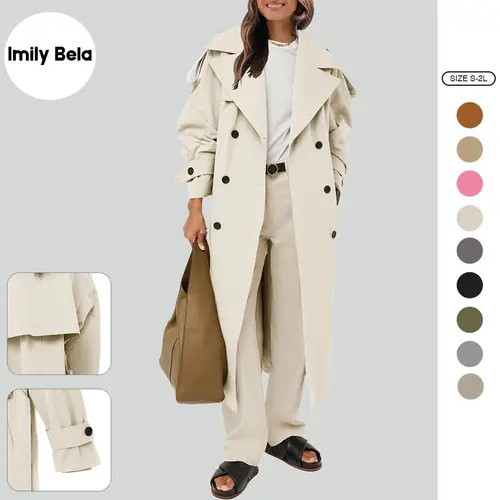 Imily Bela Womens Oversized Long Trench Coat Double Breasted Lapel Windproof Overcoat with Belt