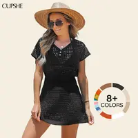 CUPSHE Women's Knit Boho Beach Cover Up - A-Line Silhouette, V-Neck/Boatneck, Short Dolman Sleeves, Cinched Waist, Slim Fit Mini Dress - 2026 Summer Vacation Swimwear Accessory, Beach Style Essential