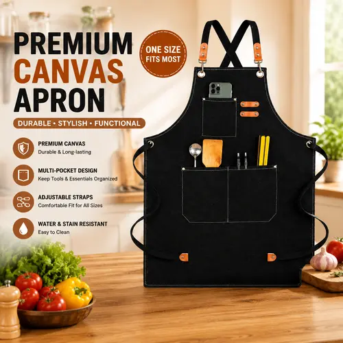 Cotton Canvas Kitchen Cooking Apron for Men & Women - Heavy Duty Protective, Waterproof Polyester-Blended, Abrasive-Resistant, Durable All Purpose Apron with Pockets, Flower Print Black, M-XXL Sizes, Adjustable Wide Cross-Back Straps, Food & Beverage Use,