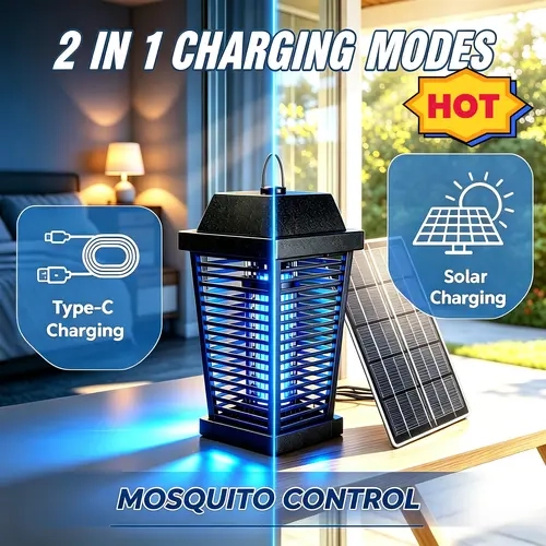 PALONE 4500V Solar-Powered Ultraviolet LED Bug Zapper - Rechargeable Cordless Durable Metal Portable Electronic Mosquito Killer, Hanging Device with Fireproof ABS, Night Mode, Cleaning & Defense Features, Batteries Included (Indoor/Outdoor Insect Killer)