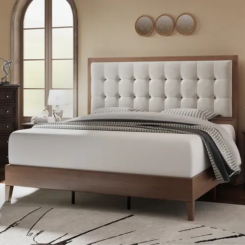 AMERLIFE Solid Wood Platform Bed Frame with Upholstered Tufted Headboard/Solid Wood Foundation, Pull-spot Tufted Handcraft, No Box Spring Needed, Bedroom Furniture/Best Gift Ideas/Christmas Gifts[TikTokShopFallDealsForYou]