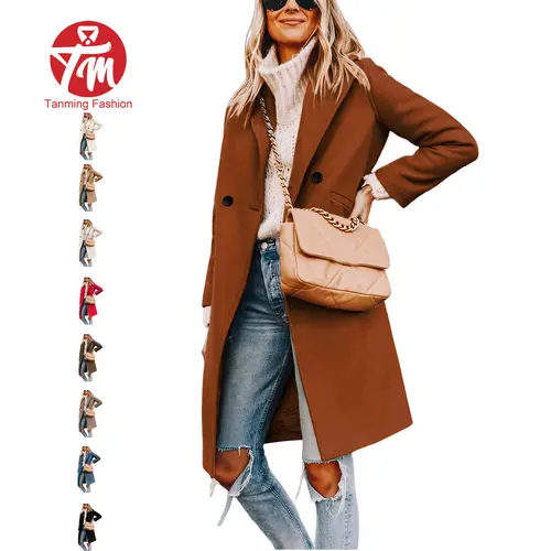 Tanming Womens Long Wool Blend Trench Coat Casual Notch Lapel Button Down Pea Coat Elegant Solid Color Overcoat Long Sleeve Overcoat for Fall Winter