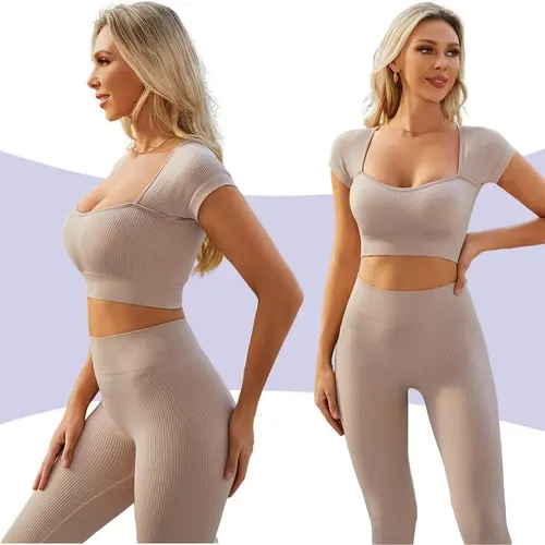 FINETOO Women's 2-Piece Stretch Fabric Activewear Set - Ribbed Square Neck Seamless Long Sleeve Crop Top, High Rise Tummy Control Hip Lift Skinny Leggings, Tight Fit Sporty Yoga Outfit Set for Gym, Workout Casual Wear (Fit Chick)