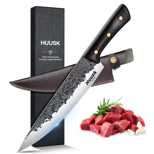 Huusk 8-Inch Professional Hand-Forged High Carbon Steel Meatknife - 8.66" Blade, Plain Edge Narrow Design, Wooden Handle, Rust-Resistant, Non-Sticky Cutting, Bone-Cut Precision, Ideal for Meat & Veggies, Perfect Gift for Cooking Enthusiasts