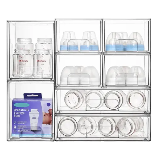 【Live Only】VTOPMART Bottles Station, Clear Stackable Storage Drawers, Comestics Desktop Organizer Bins for Vanity, Makeups, Skin Care Products Dressing Table Box, Crystal Boxes Multi Compartment Design, Halloween Gift