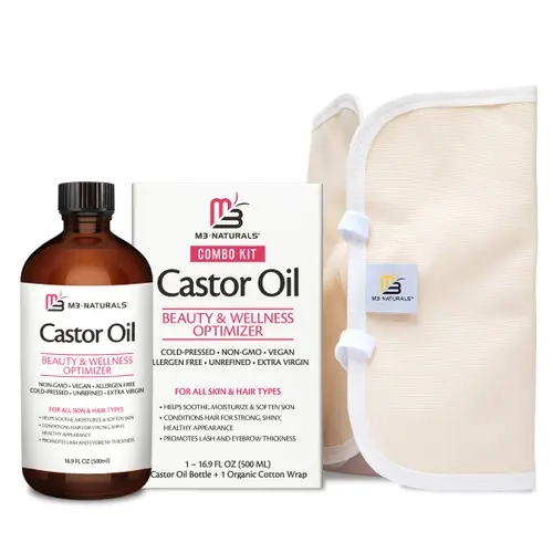 M3 Naturals Pure Castor Oil Pack Kit for Detox, Selfcare & Body Care - Large Hexane-Free Cold-Pressed Castor Oil in Glass Bottle, Adjustable Reusable Organic Cotton Wrap