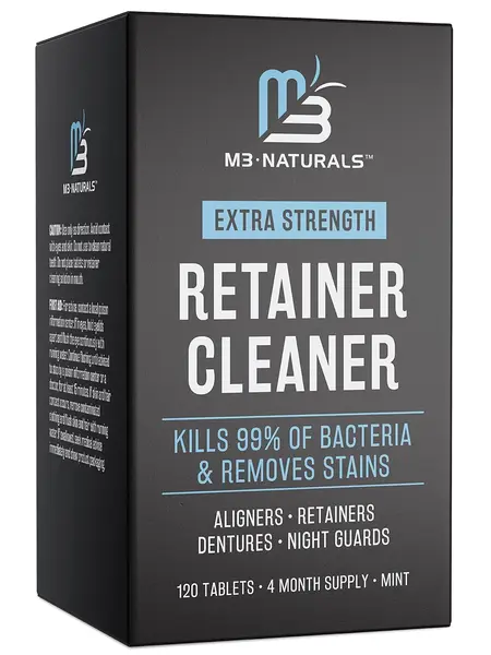 M3 Naturals Extra Strength Retainer Cleaner Tablets - 120 Mint Whitening Dental Cleanser Tablets for Dentures Retainers Aligners & Mouth Guards - Kills 99% of Bacteria & Removes Tough Stains - Dental Hygiene