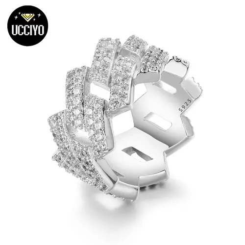 UCCIYO 925 Silver Gold Unisex Double Row Wave Motif Ring - D Color VVS1 Synthetic Moissanite Fine Jewelry, Beautiful 2-Row Artificial Gemstone Ring for Engagement, Anniversary Gifts【#R43】