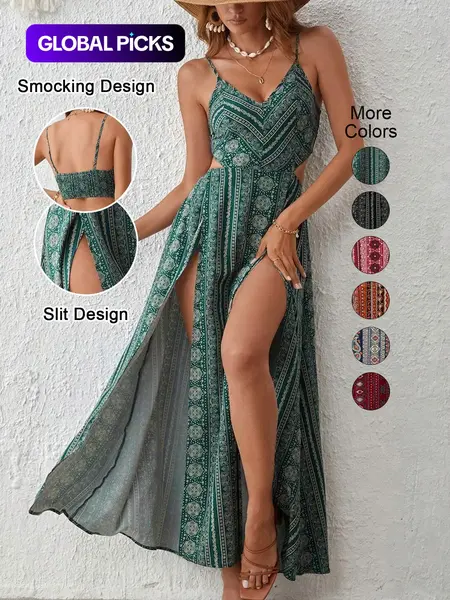 Women's Boho Striped Print Bodycon Dress, Split Thigh Slit Backless Spaghetti Strap, Perfect for Beach Vacation, Summer & Layering