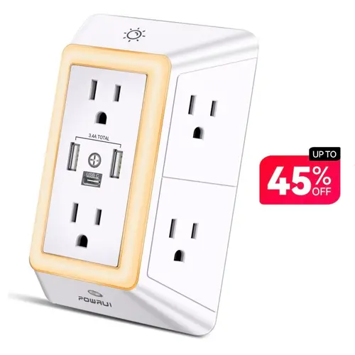 Summerwins Multi Plug Outlet Surge Protector - POWRUI 6 Outlet Extender with 3 USB Ports (1 USB C) and Night Light, 3-Sided Power Strip with Adapter Spaced Outlets - White, ETL Listed